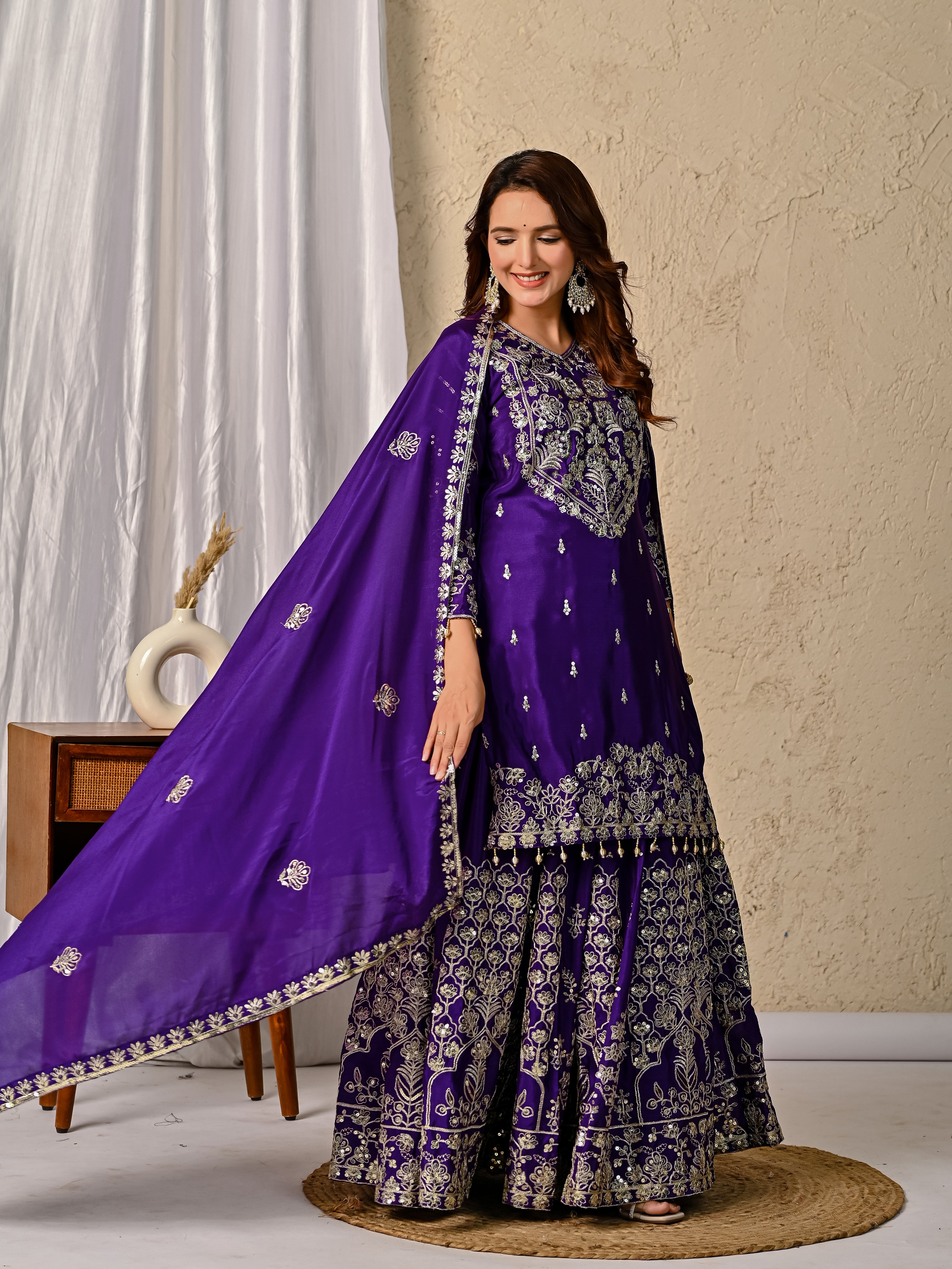 Royal Purple Luxurious Wedding & Party Wear Heavy Embroidered Sharara Suit