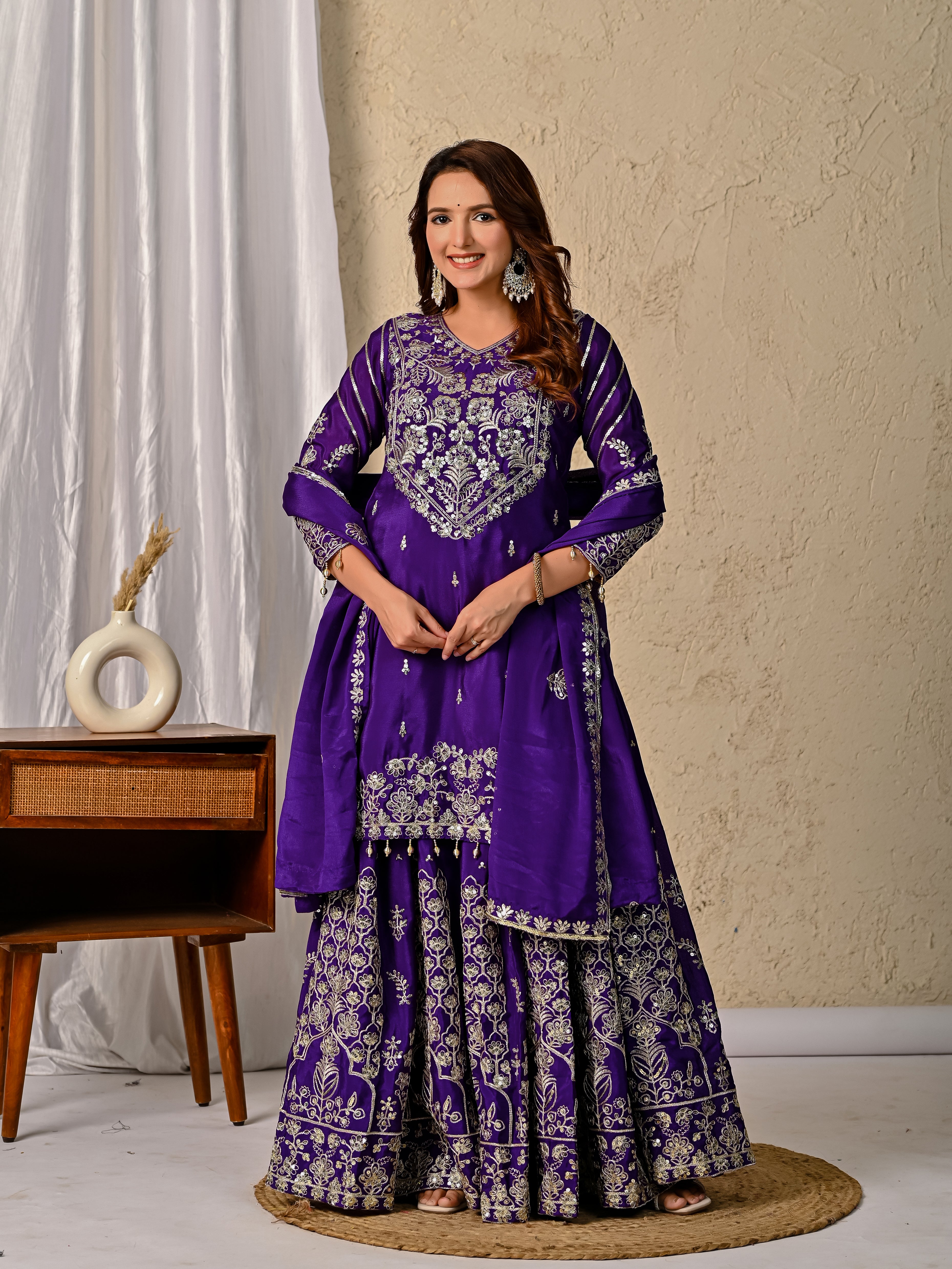 Royal Purple Luxurious Wedding & Party Wear Heavy Embroidered Sharara Suit