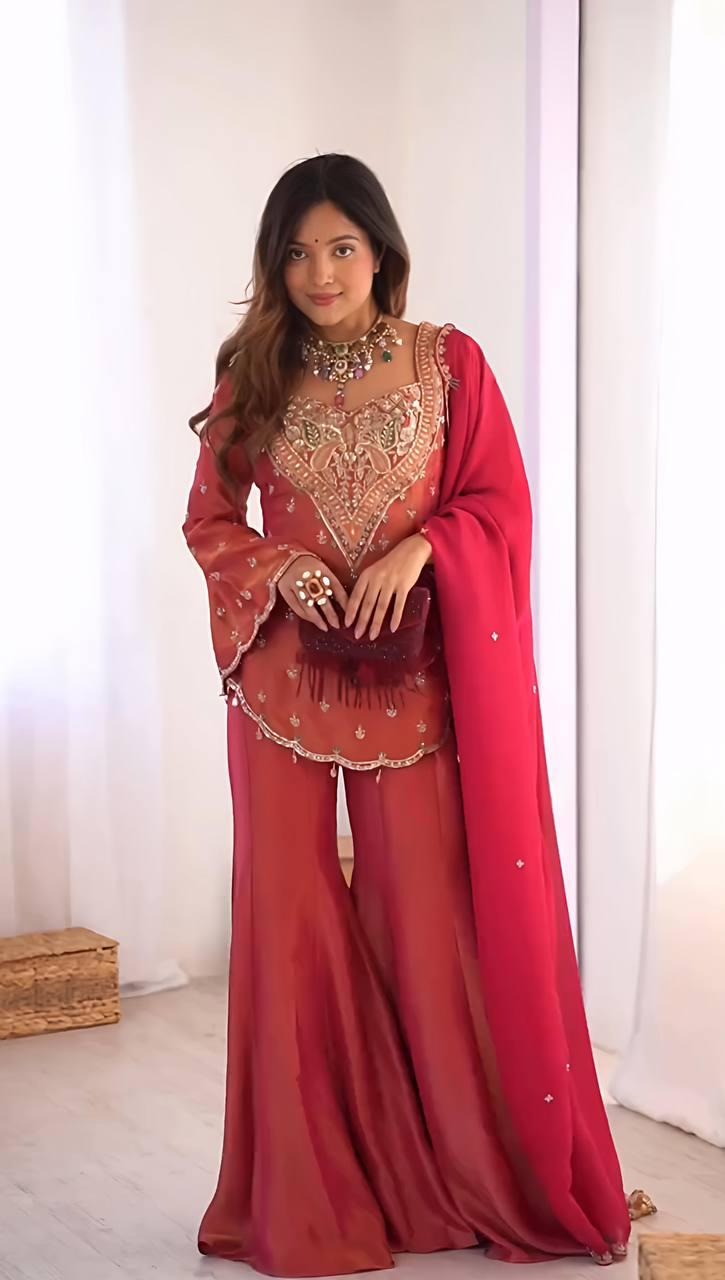 Embroidered Peach & Rani Pink Georgette Sharara Suit with Heavy Neckline Work