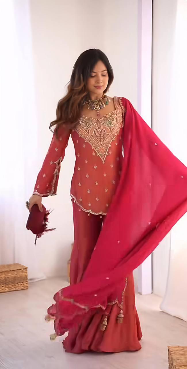 Embroidered Peach & Rani Pink Georgette Sharara Suit with Heavy Neckline Work