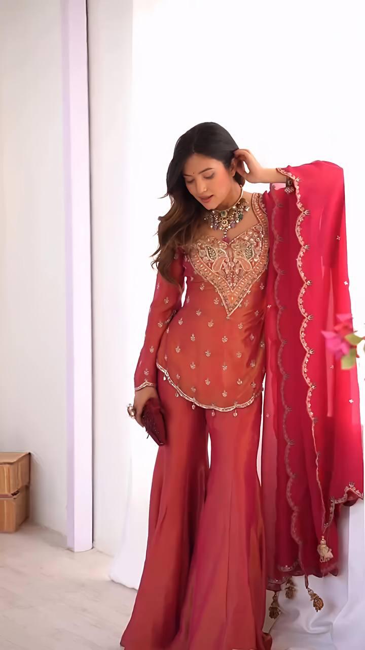 Embroidered Peach & Rani Pink Georgette Sharara Suit with Heavy Neckline Work