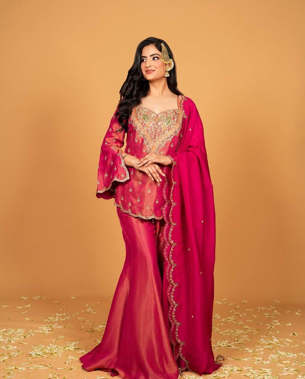 Embroidered Peach & Rani Pink Georgette Sharara Suit with Heavy Neckline Work