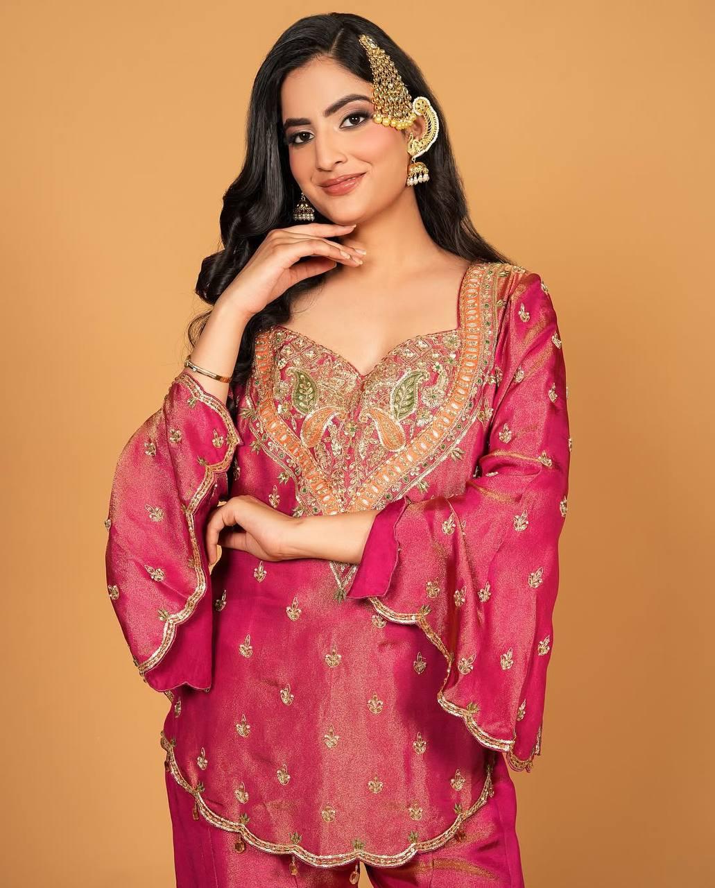 Embroidered Peach & Rani Pink Georgette Sharara Suit with Heavy Neckline Work