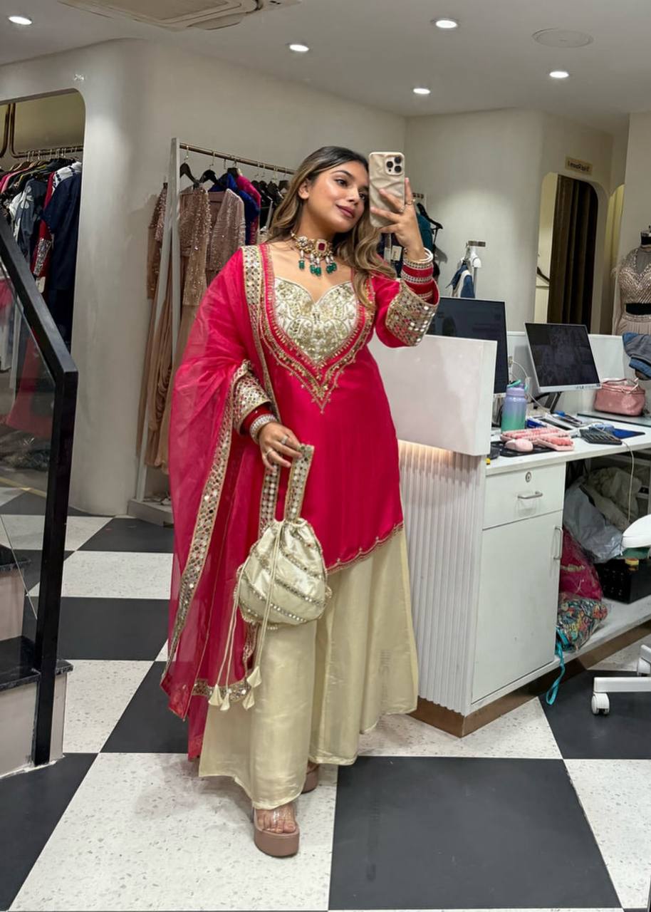 Party Wear Embroidered Crepe Suit with Hand Mirror Work & Dupatta