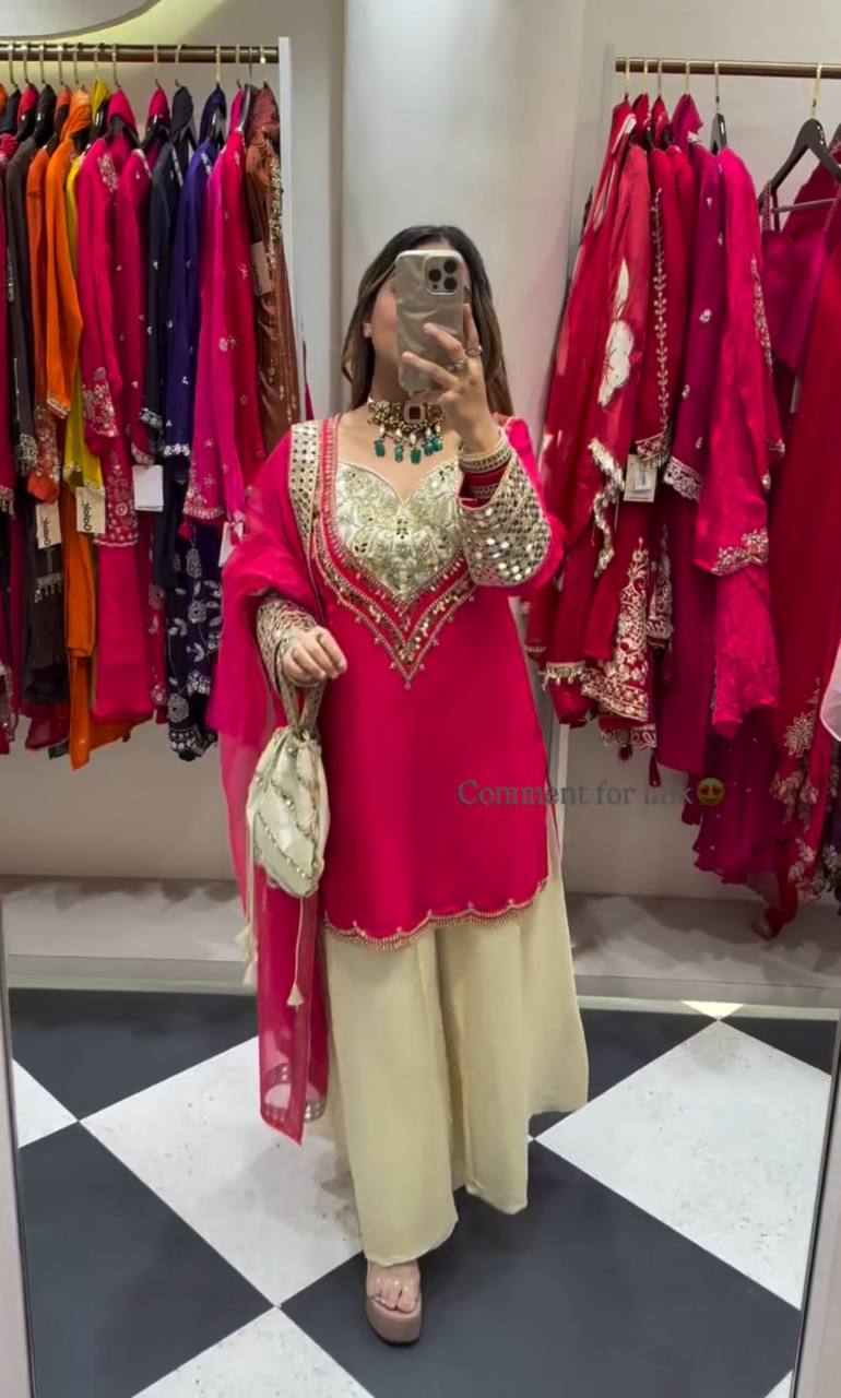 Party Wear Embroidered Crepe Suit with Hand Mirror Work & Dupatta