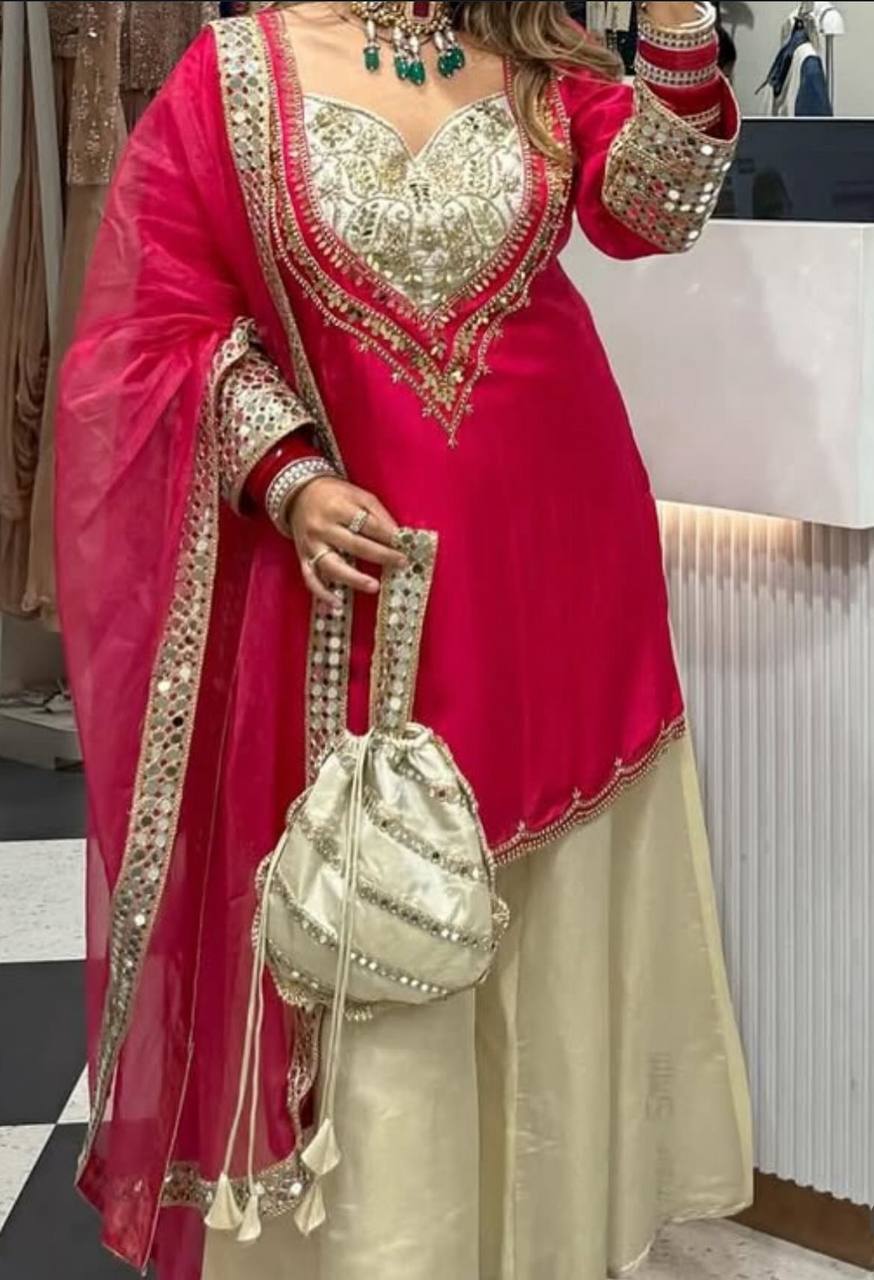 Party Wear Embroidered Crepe Suit with Hand Mirror Work & Dupatta
