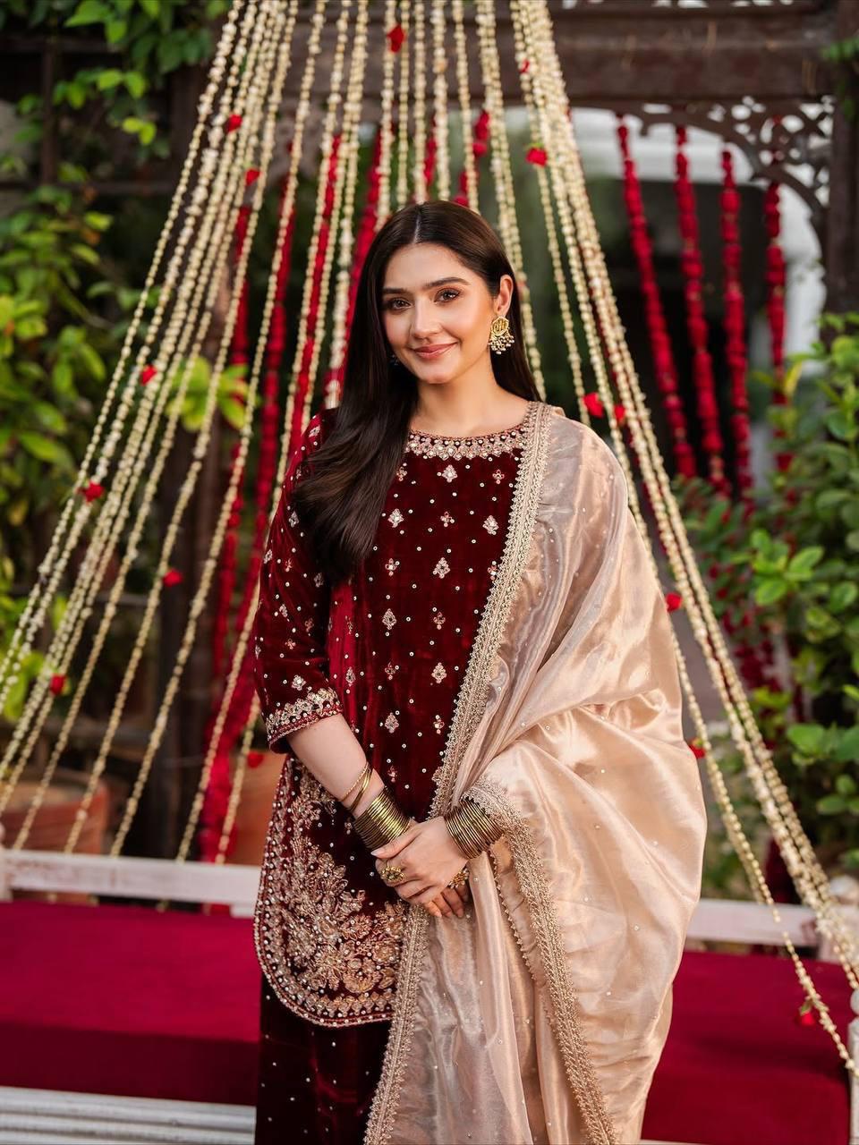 Premium Viscose Velvet Embroidered Sharara Set