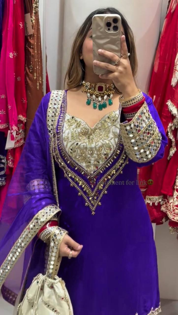 Party Wear Embroidered Crepe Suit with Hand Mirror Work & Dupatta