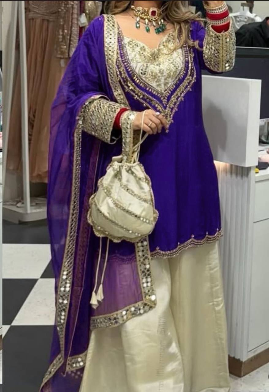 Party Wear Embroidered Crepe Suit with Hand Mirror Work & Dupatta