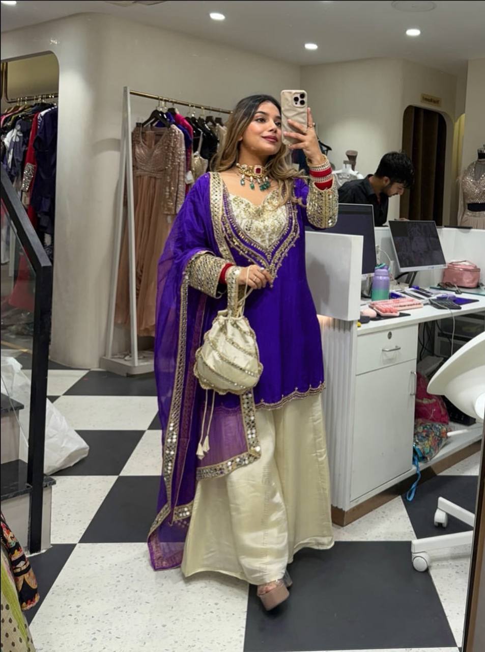Party Wear Embroidered Crepe Suit with Hand Mirror Work & Dupatta