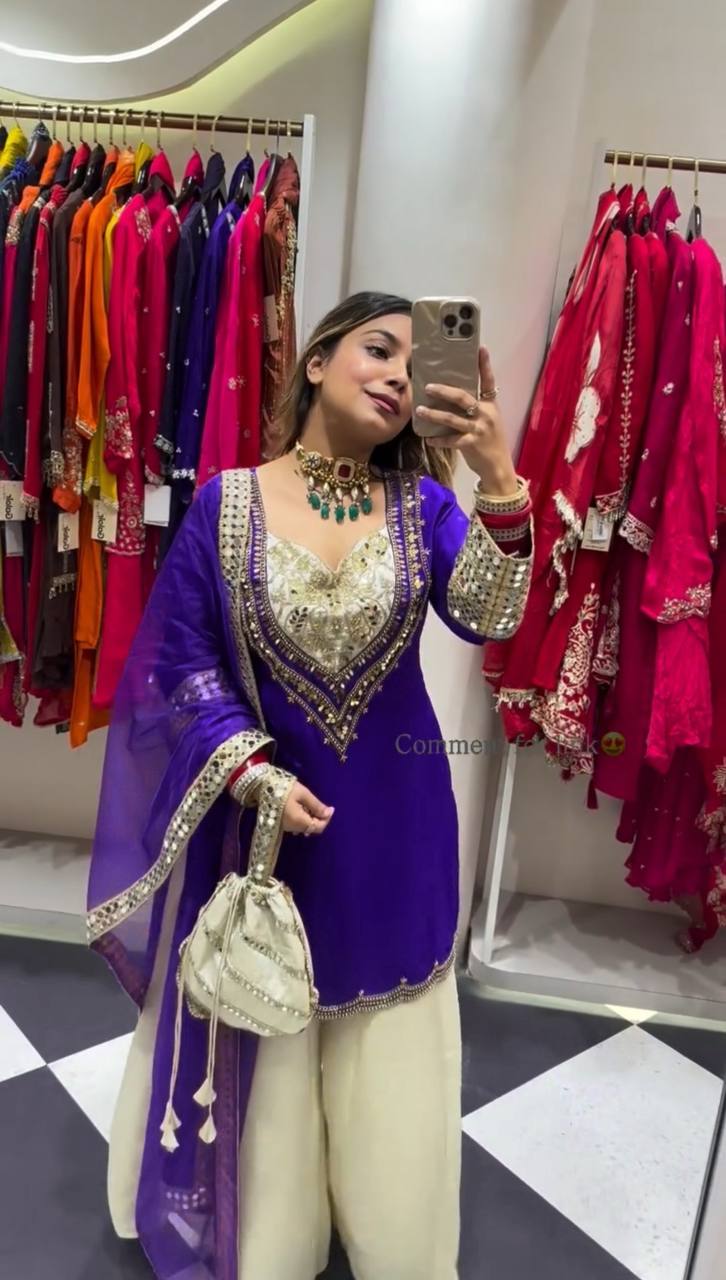 Party Wear Embroidered Crepe Suit with Hand Mirror Work & Dupatta