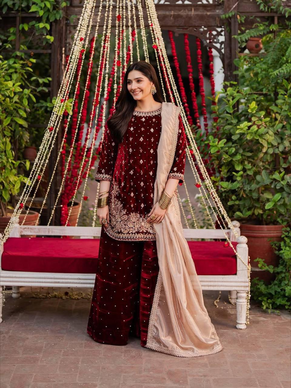 Premium Viscose Velvet Embroidered Sharara Set