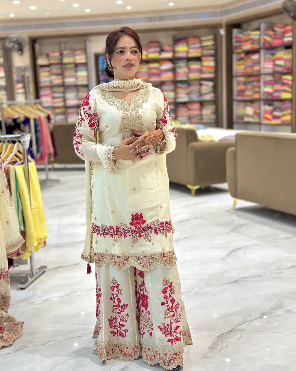 #ShararaLove

#DesiLook

#ChinonSilkSuit

#LatestShararaDesign

#FashionForHer


