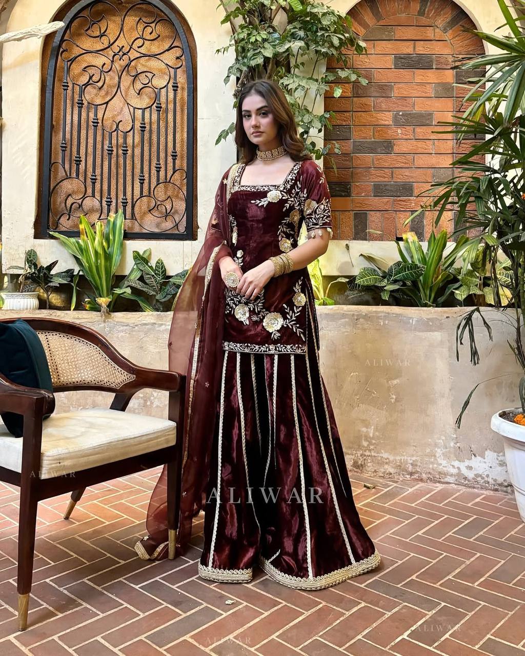 Premium Designer Velvet Sharara Suit with Heavy Embroidery & Net Dupatta