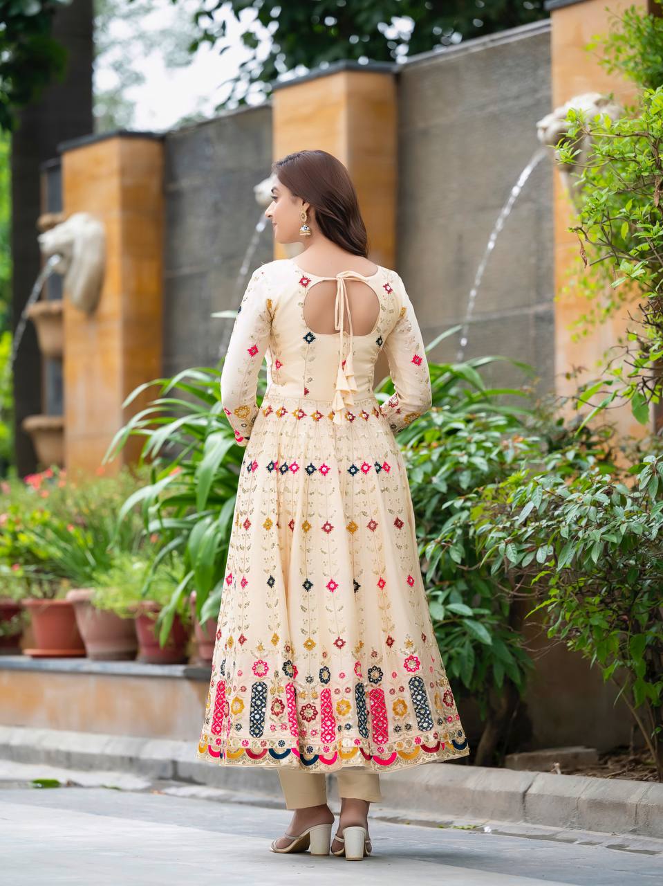 Women's Stylish Cream Embroidered Anarkali Gown  Elegant Design, Classic Style, Ideal for Weddings, Celebrations, and Special Events