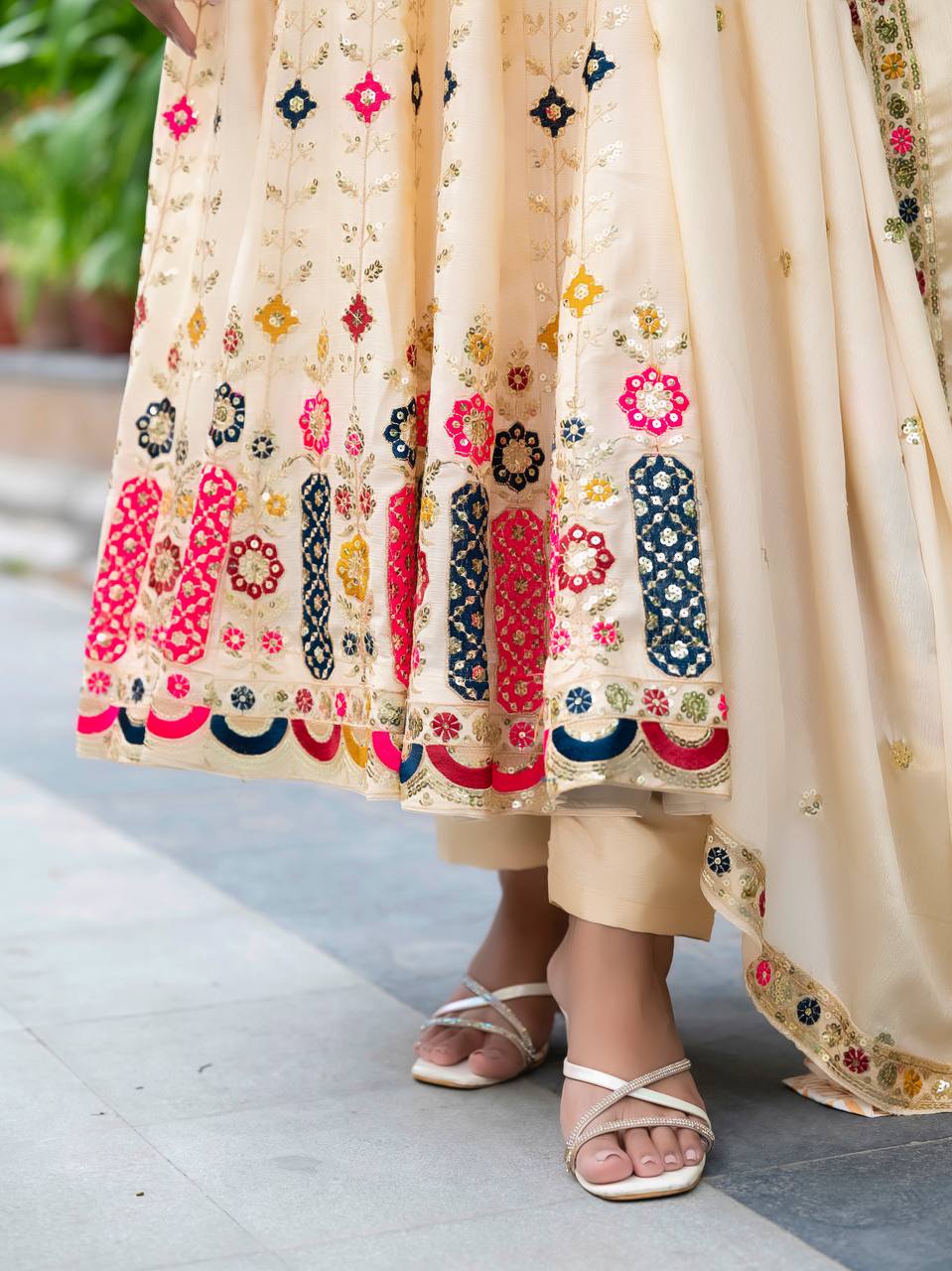 Women's Stylish Cream Embroidered Anarkali Gown  Elegant Design, Classic Style, Ideal for Weddings, Celebrations, and Special Events