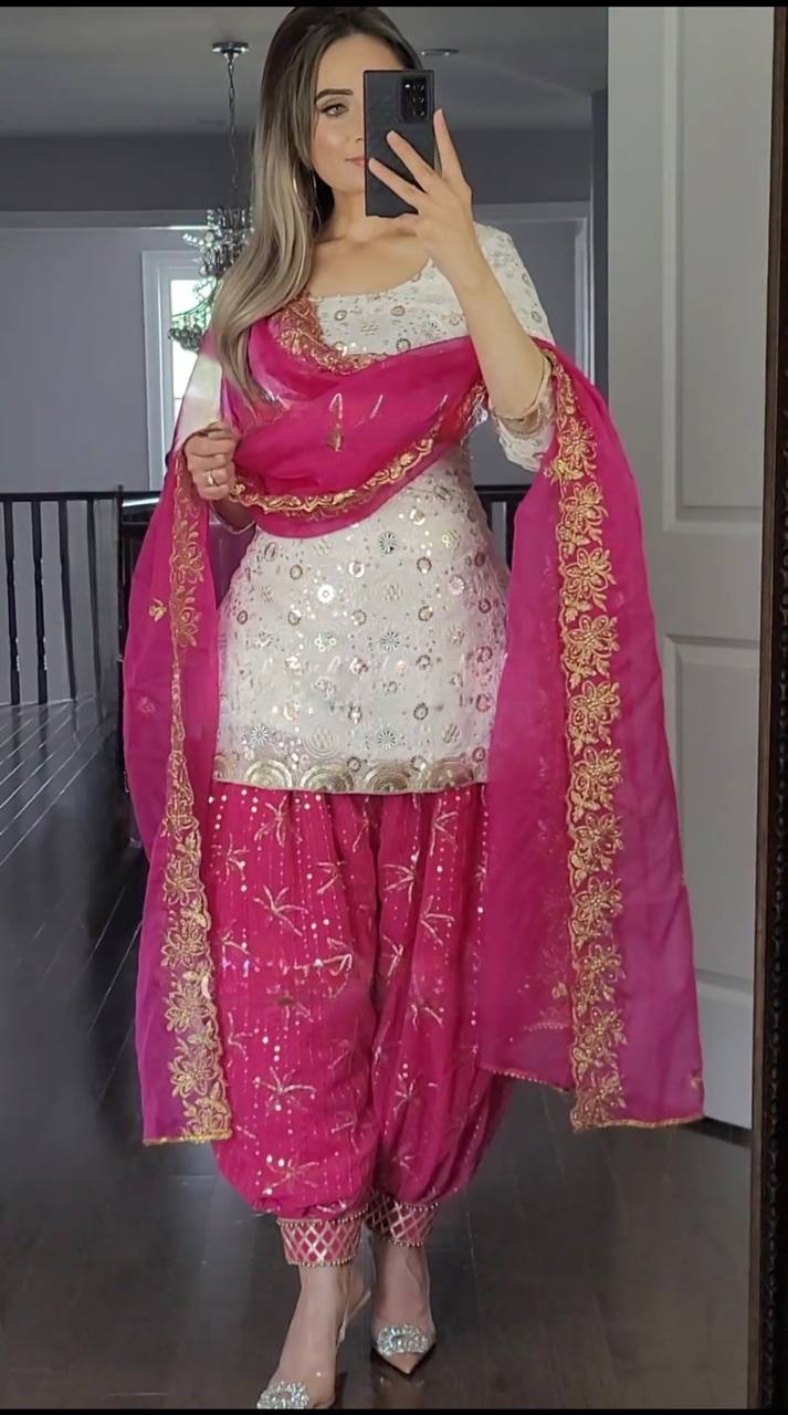 Glow elegantly at every event—this white Patliya suit with embroidery is designed for your most memorable occasions.