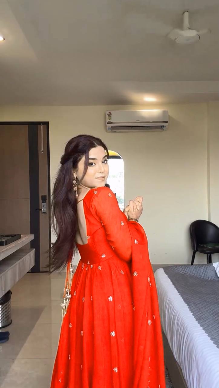 Traditional orange Anarkali dress for Karva Chauth, festivals and celebrations