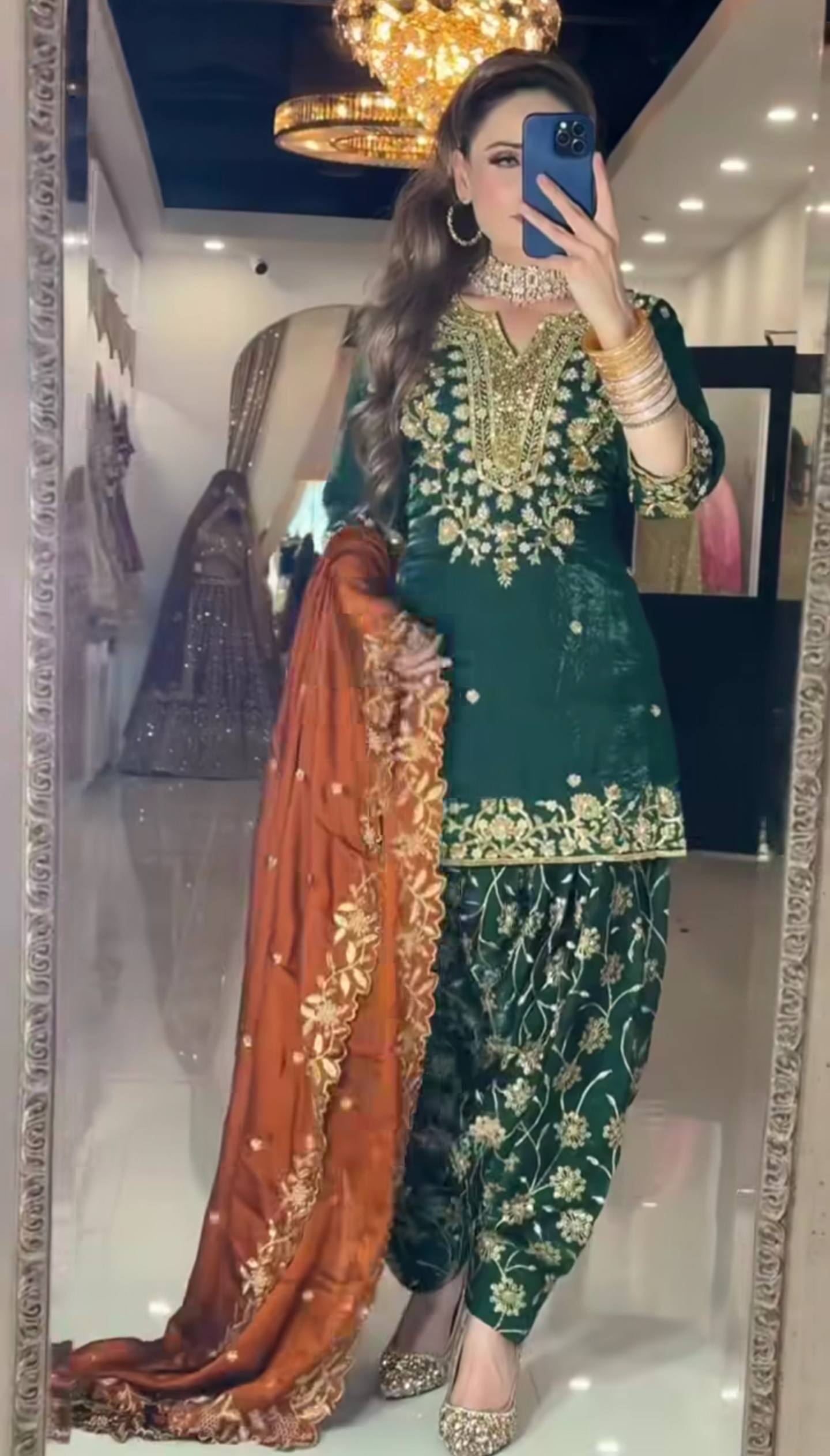 Designer Heavy Chinon Silk Party Wear Top with Dhoti Salwar & Dupatta