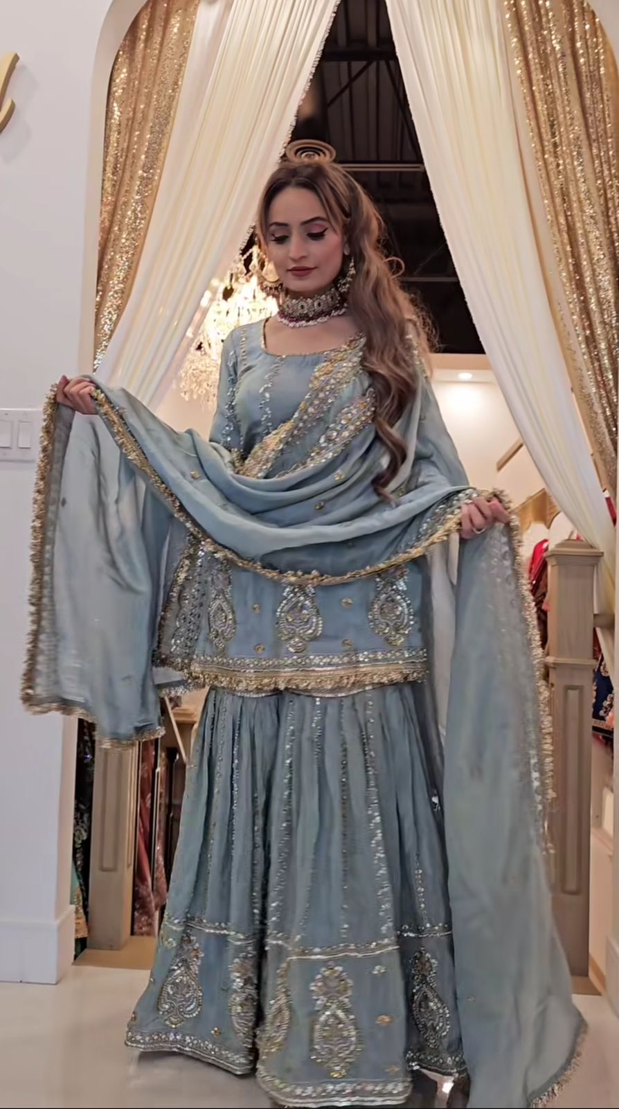 Women's Heavy Embroidered Aque Blue  Sharara Set – Premium Party & Festive Wear