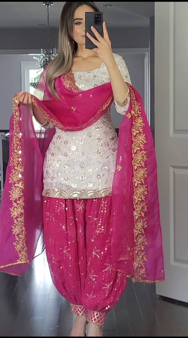 Glow elegantly at every event—this white Patliya suit with embroidery is designed for your most memorable occasions.