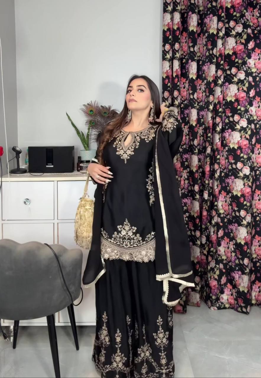 Black Sharara Suit
Golden Embroidery Suit
Ethnic Wear for Women
Party Wear Sharara
Wedding Wear Suit
Traditional Indian Outfit
Black Kurta with Dupatta
Festive Wear Suit
Elegant Ethnic Ensemble
