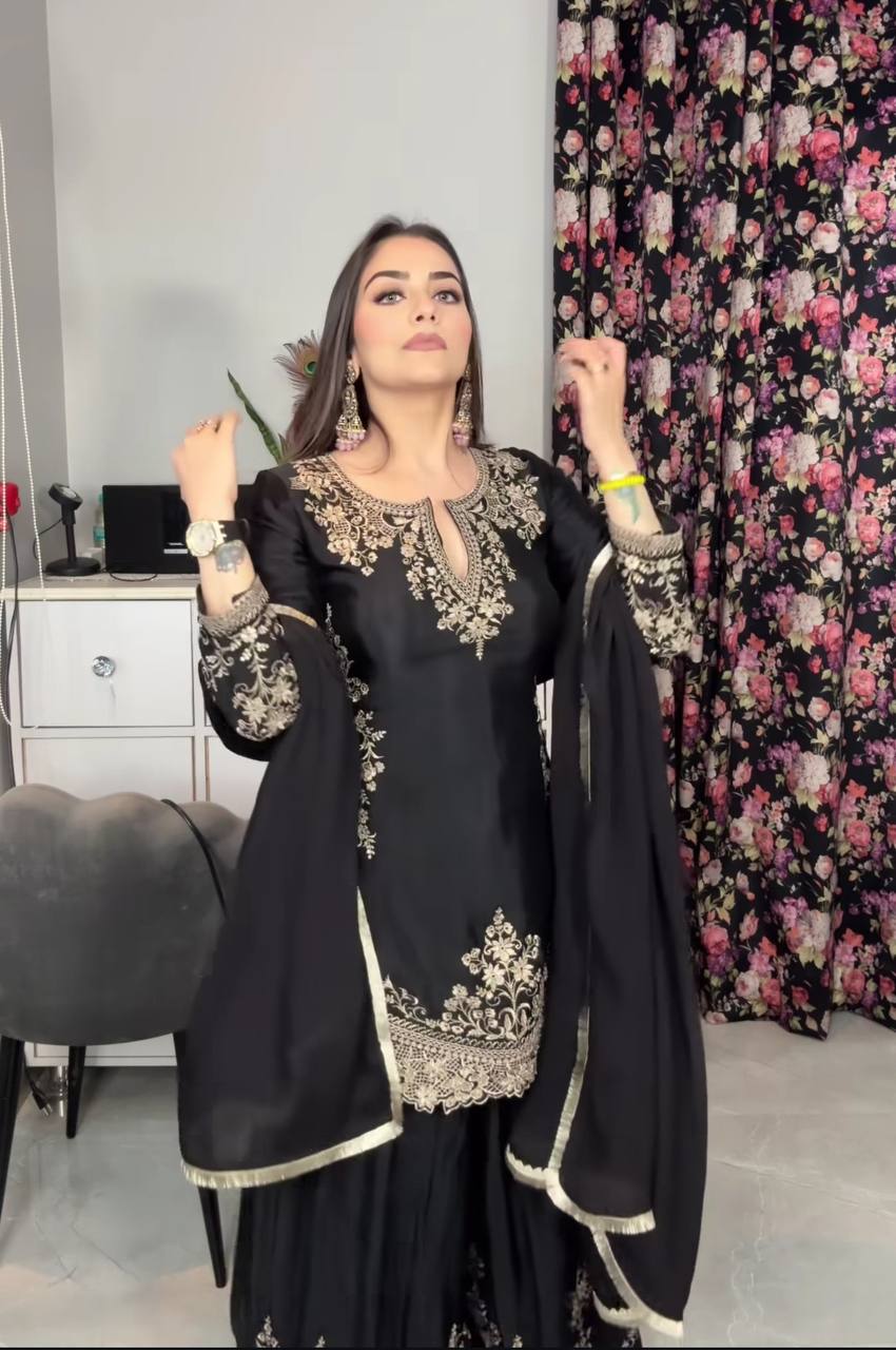 Black Sharara Suit
Golden Embroidery Suit
Ethnic Wear for Women
Party Wear Sharara
Wedding Wear Suit
Traditional Indian Outfit
Black Kurta with Dupatta
Festive Wear Suit
Elegant Ethnic Ensemble

