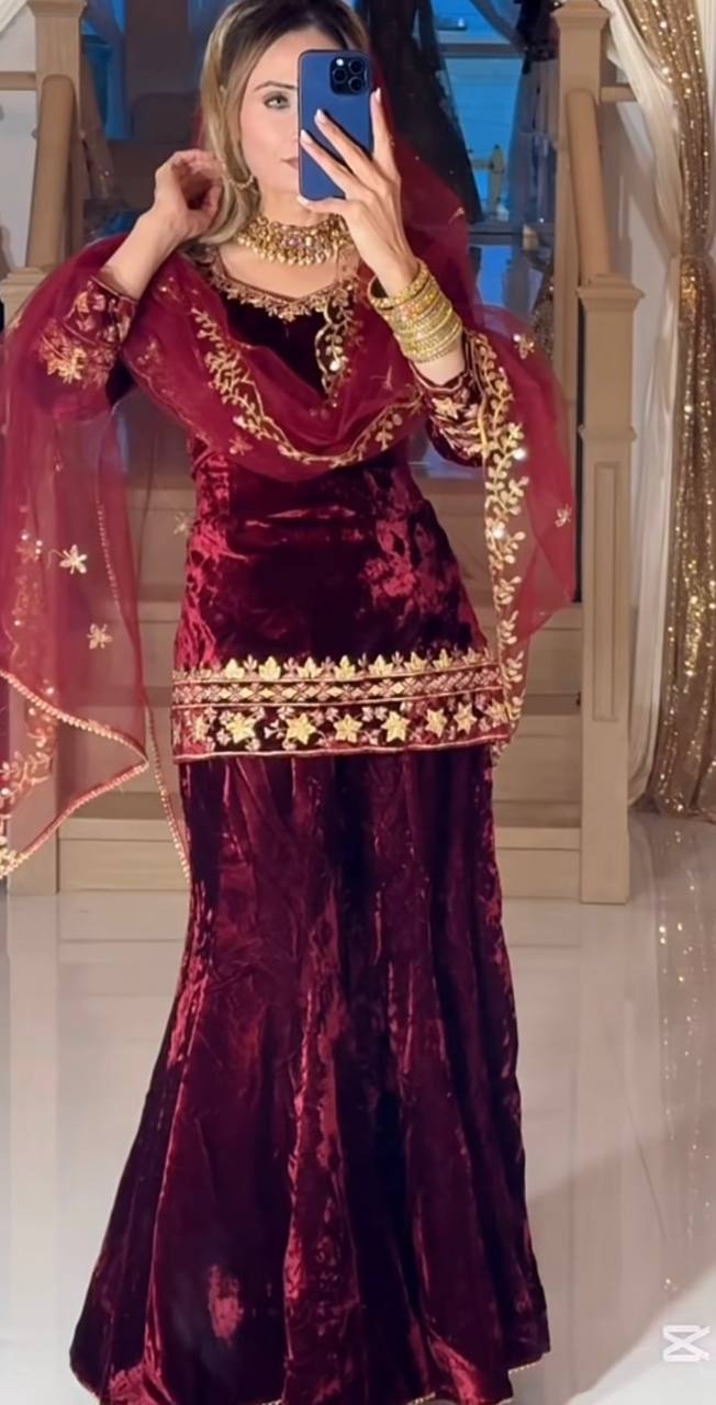 Designer Velvet Party Wear Top with Sharara Palazzo & Dupatta