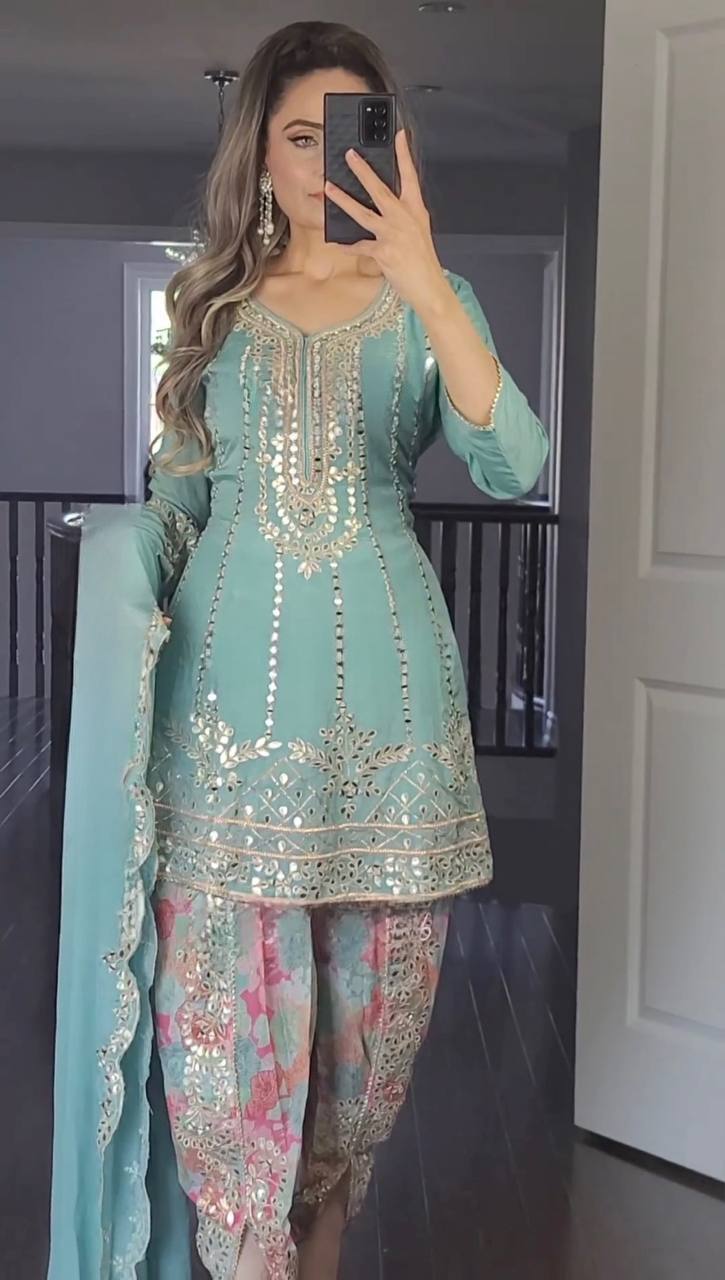 Our sky blue embroidered Patliya suit is designed for your special occasions, so you can shine with elegance at every event.