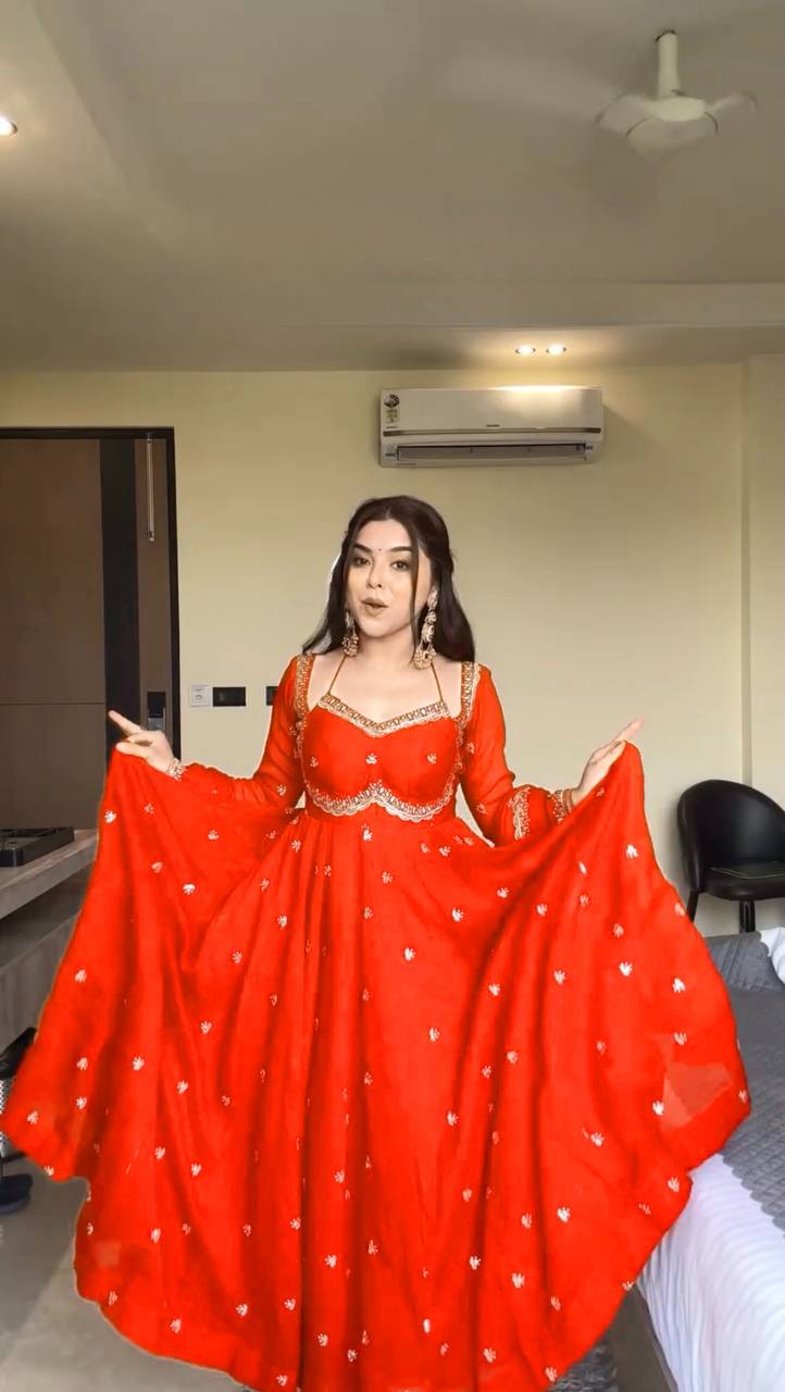 Designer orange gown for women – ethnic party wear and wedding outfit