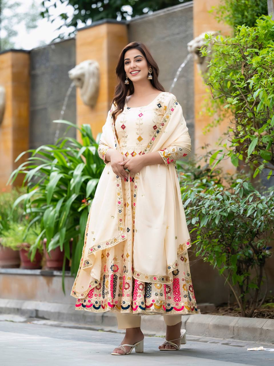 Women's Stylish Cream Embroidered Anarkali Gown  Elegant Design, Classic Style, Ideal for Weddings, Celebrations, and Special Events