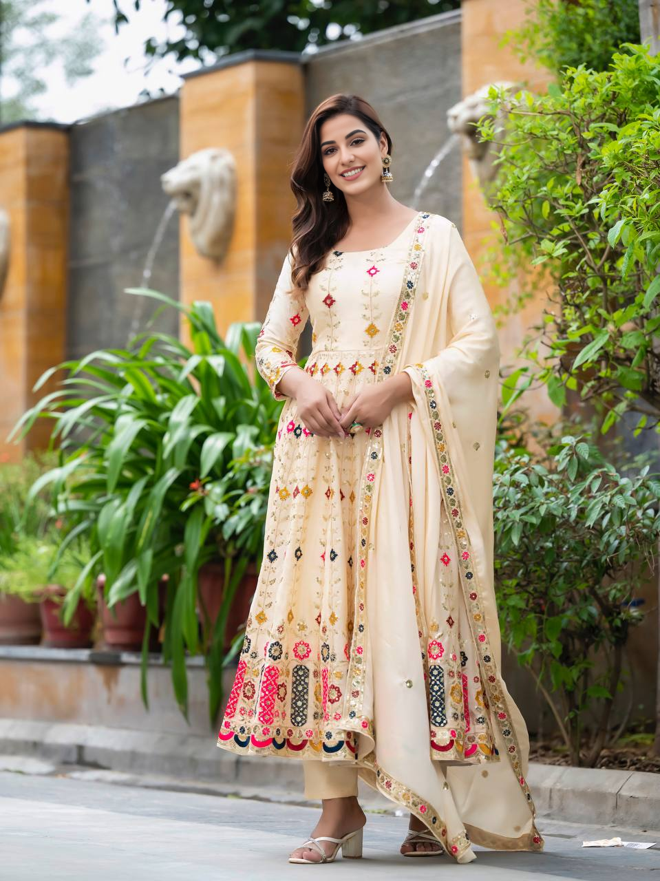 Women's Stylish Cream Embroidered Anarkali Gown  Elegant Design, Classic Style, Ideal for Weddings, Celebrations, and Special Events