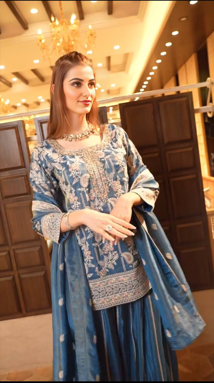 Beautiful Sky Blue Embroidered Sharara Gown for Women: Classic Design, Fine Details, Ideal for Parties, Weddings, and Festive Occasions