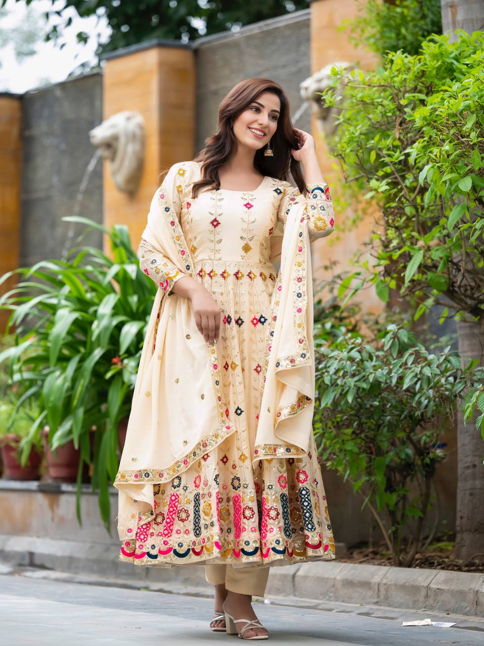 Women's Stylish Cream Embroidered Anarkali Gown  Elegant Design, Classic Style, Ideal for Weddings, Celebrations, and Special Events