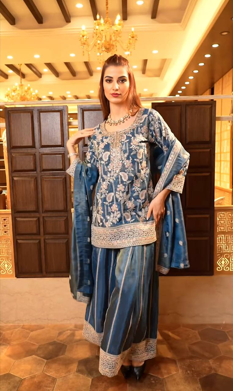 Beautiful Sky Blue Embroidered Sharara Gown for Women: Classic Design, Fine Details, Ideal for Parties, Weddings, and Festive Occasions