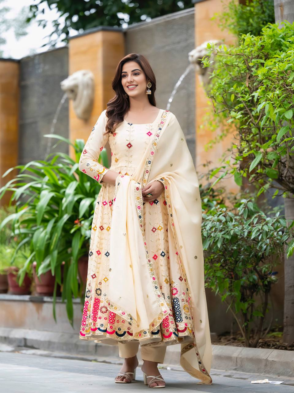 Women's Stylish Cream Embroidered Anarkali Gown  Elegant Design, Classic Style, Ideal for Weddings, Celebrations, and Special Events
