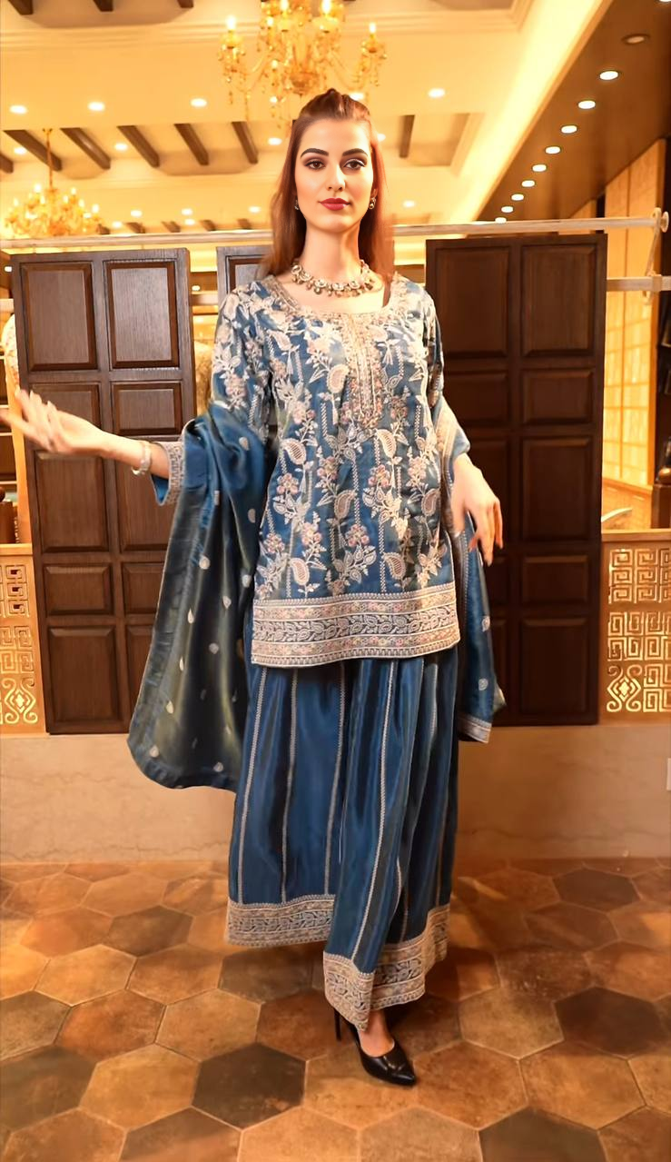 Beautiful Sky Blue Embroidered Sharara Gown for Women: Classic Design, Fine Details, Ideal for Parties, Weddings, and Festive Occasions