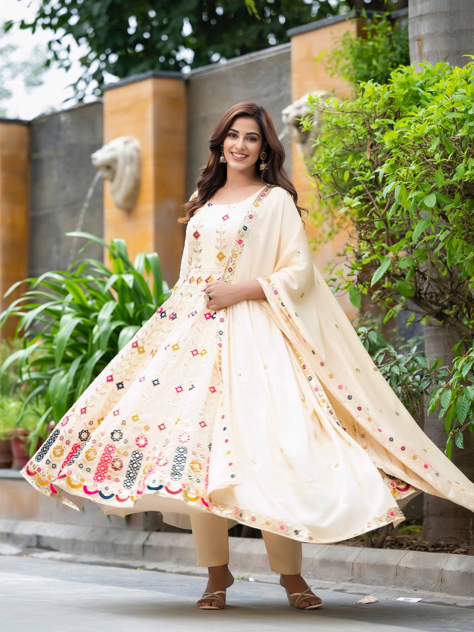 Women's Stylish Cream Embroidered Anarkali Gown  Elegant Design, Classic Style, Ideal for Weddings, Celebrations, and Special Events