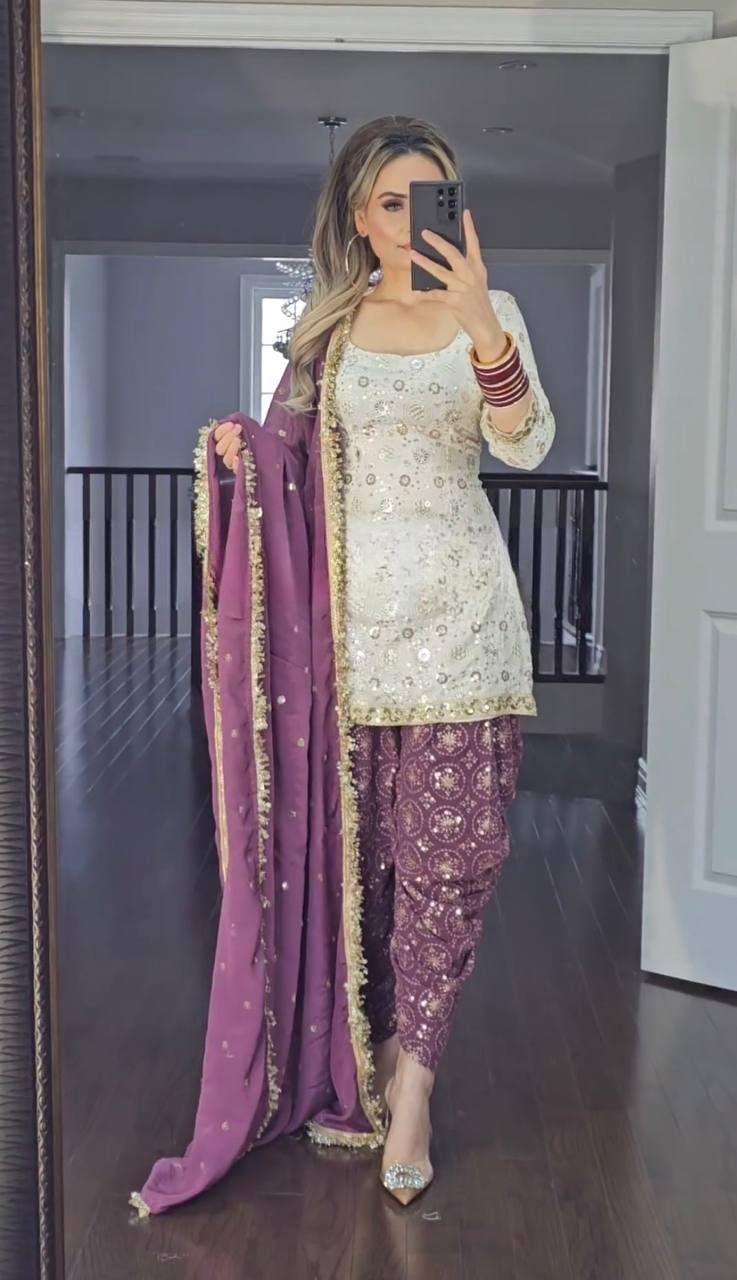 The ideal white Patliya suit for any special occasion, shine with calm elegance.
