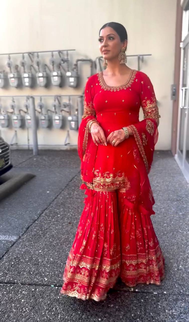 Ladies' Elegant Pink Embroidered Sharara Gown: Stylish, Elegant, and Ideal for Weddings, Festive Events, and Special Occasions