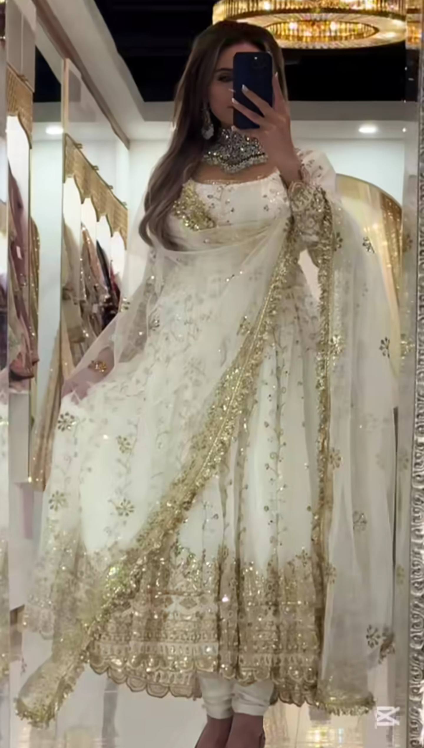 “White and gold partywear anarkali suit for women